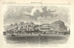 1 – Gravură prezentând panorama Măcinului de pe brațul Dunărea Veche, 1877 (Arhiva BAR – Desen de M. Koenen Illustrirte Zeitung, Leipzig, 1877)