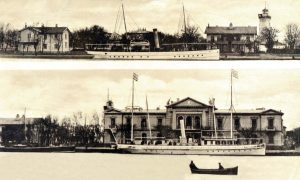 1 – Segment din faleza Dunării (sus) și Palatul CED fotografiat de pe fluviu (jos), începutul secolului XX (Arhiva ICEM Tulcea)